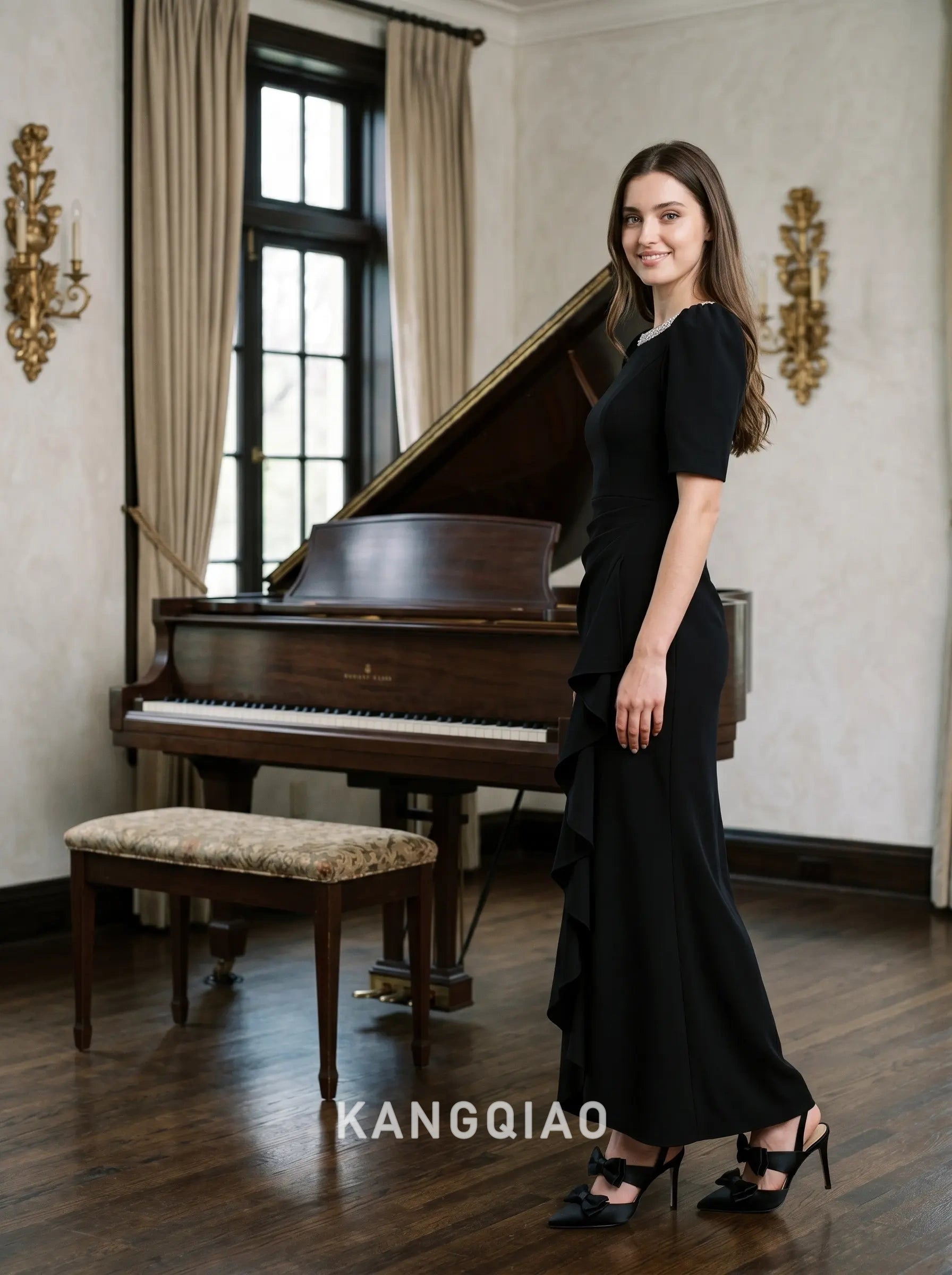 Black Round Neck Puff Sleeve Crystal Trimmed Cascading Ruffle Crepe Mermaid Floor Length Formal Evening Prom Dress