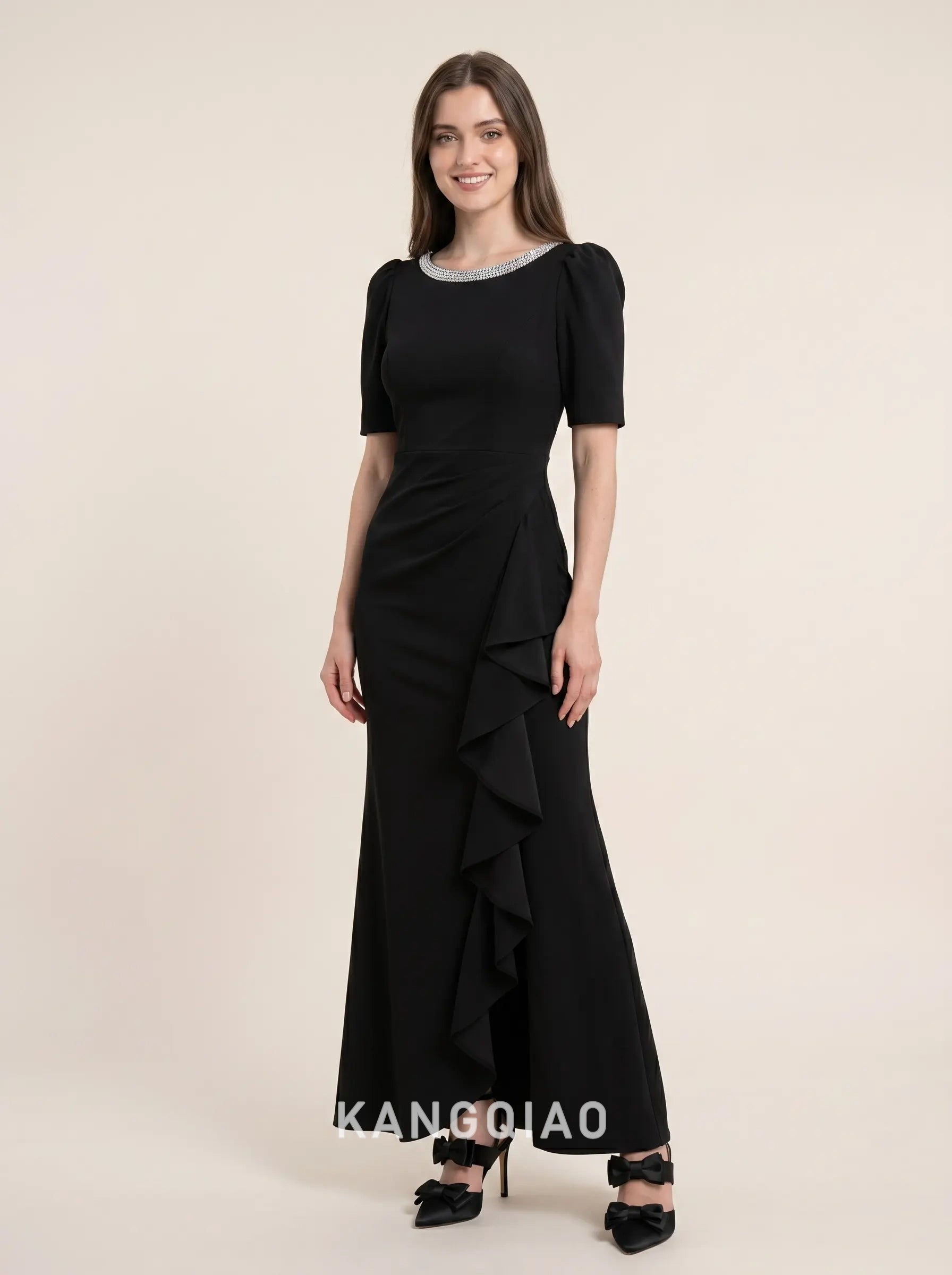 Black Round Neck Puff Sleeve Crystal Trimmed Cascading Ruffle Crepe Mermaid Floor Length Formal Evening Prom Dress