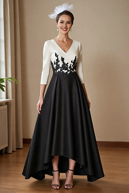 Black Satin A Line High Low Mother Of The Bride Dress Wth Appliques