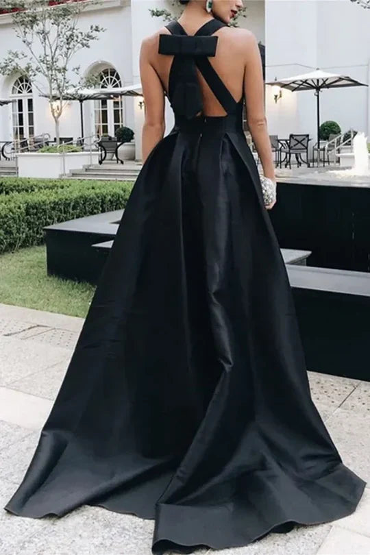 Black Satin Ball Gown Prom Dress with Deep V-Neck and Bow Back Detail