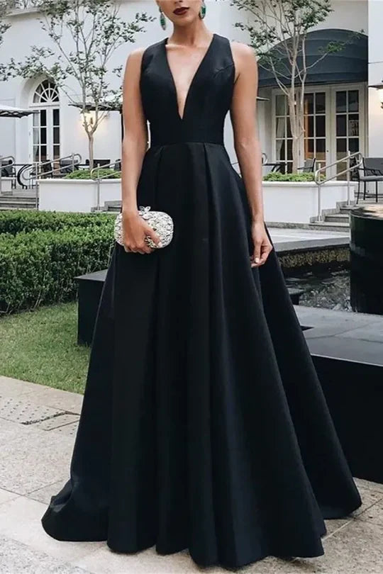 Black Satin Ball Gown Prom Dress with Deep V-Neck and Bow Back Detail