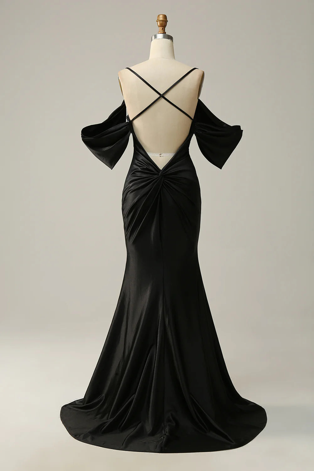 Black Satin Cold Shoulder Mermaid Maxi Evening Dresses