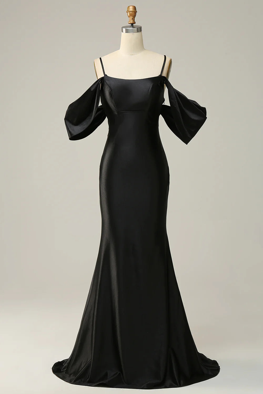 Black Satin Cold Shoulder Mermaid Maxi Evening Dresses
