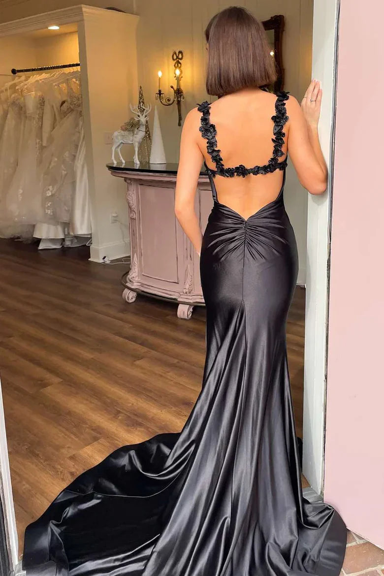 Black Satin Flower AppliquÃ© Mermaid Prom Dress with Open Back