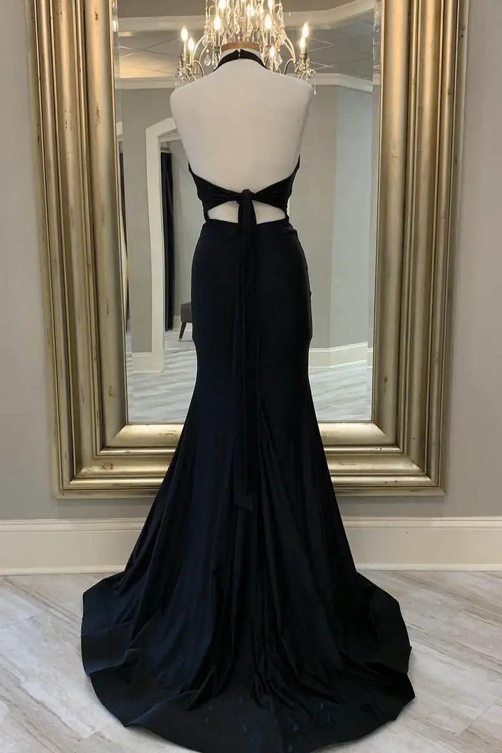 Black Satin Halter Mermaid Prom Dress with Open Back