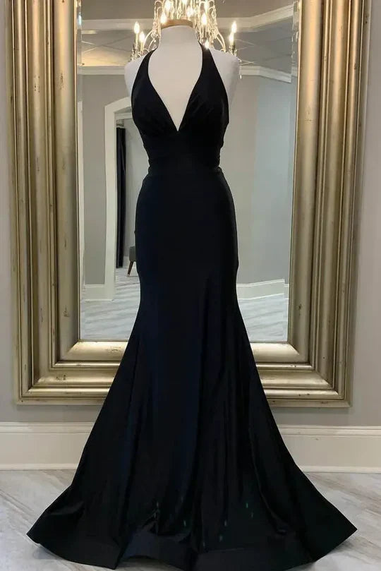 Black Satin Halter Mermaid Prom Dress with Open Back