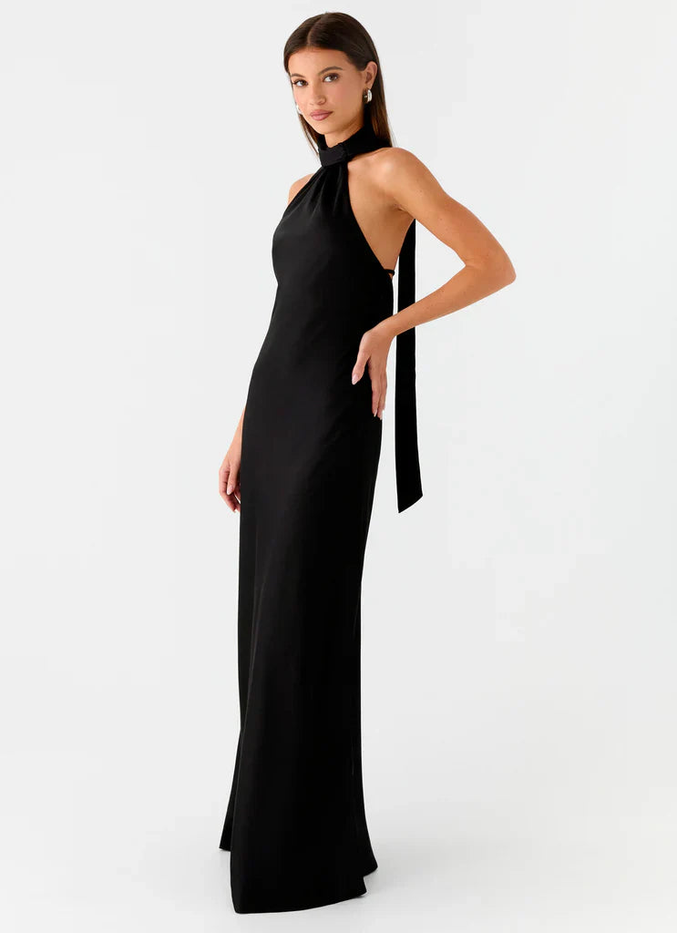Black Satin Halter Neck Backless Tie Maxi Prom Dress For Elegant Formal Occasions