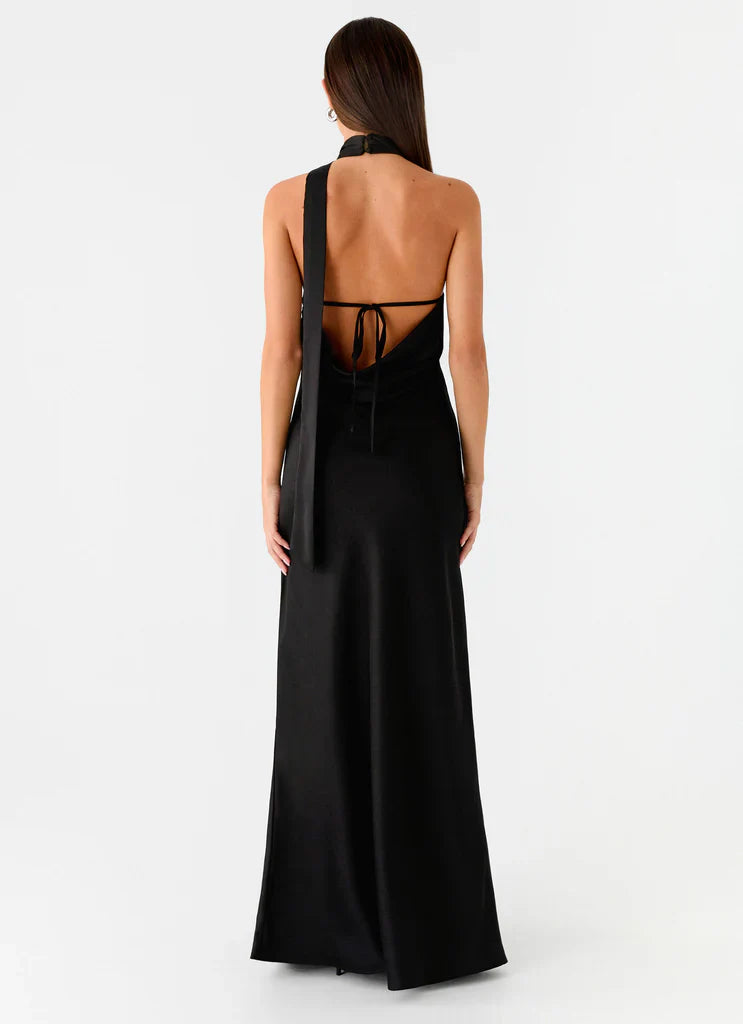 Black Satin Halter Neck Backless Tie Maxi Prom Dress For Elegant Formal Occasions