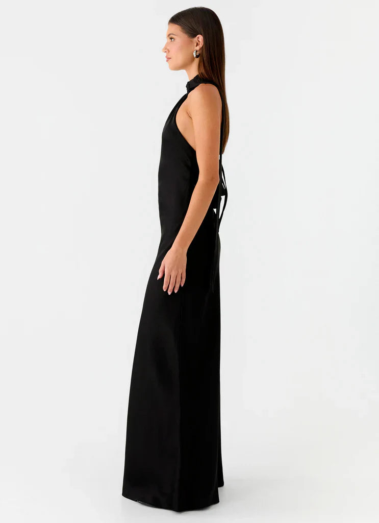 Black Satin Halter Neck Backless Tie Maxi Prom Dress For Elegant Formal Occasions