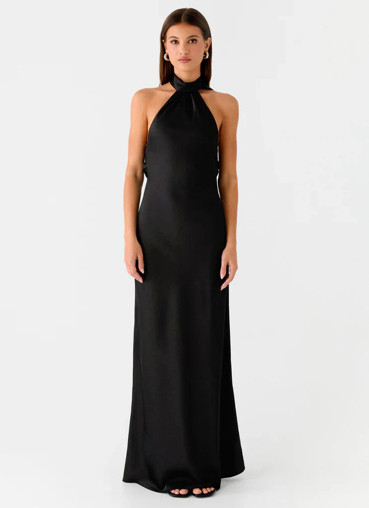 Black Satin Halter Neck Backless Tie Maxi Prom Dress For Elegant Formal Occasions
