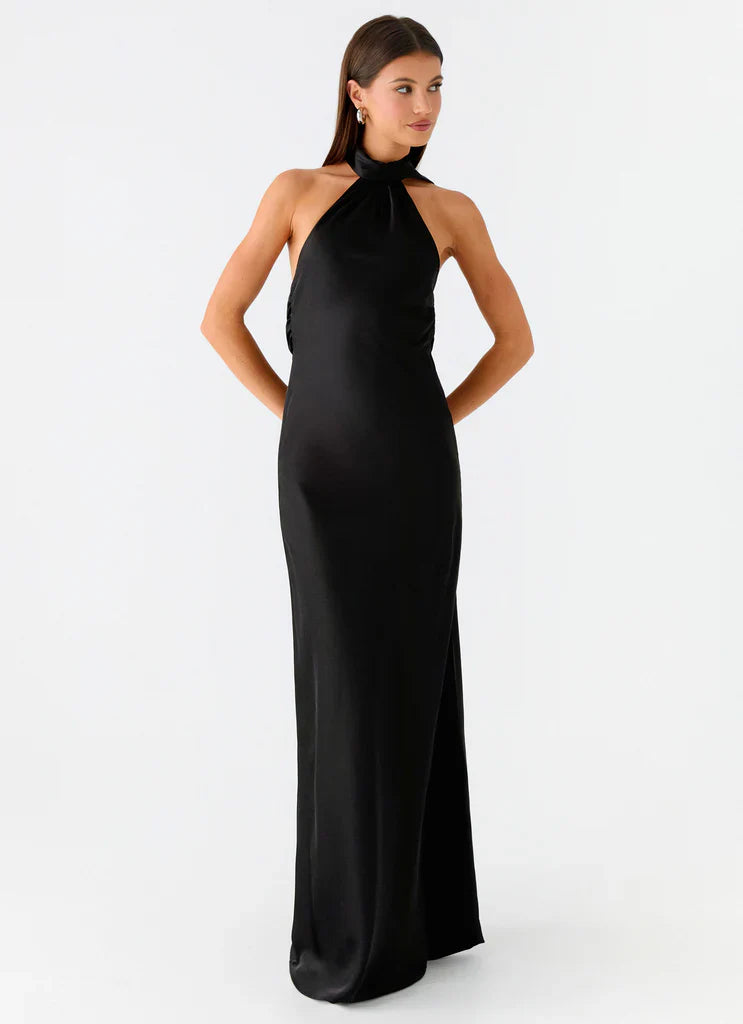 Black Satin Halter Neck Backless Tie Maxi Prom Dress For Elegant Formal Occasions