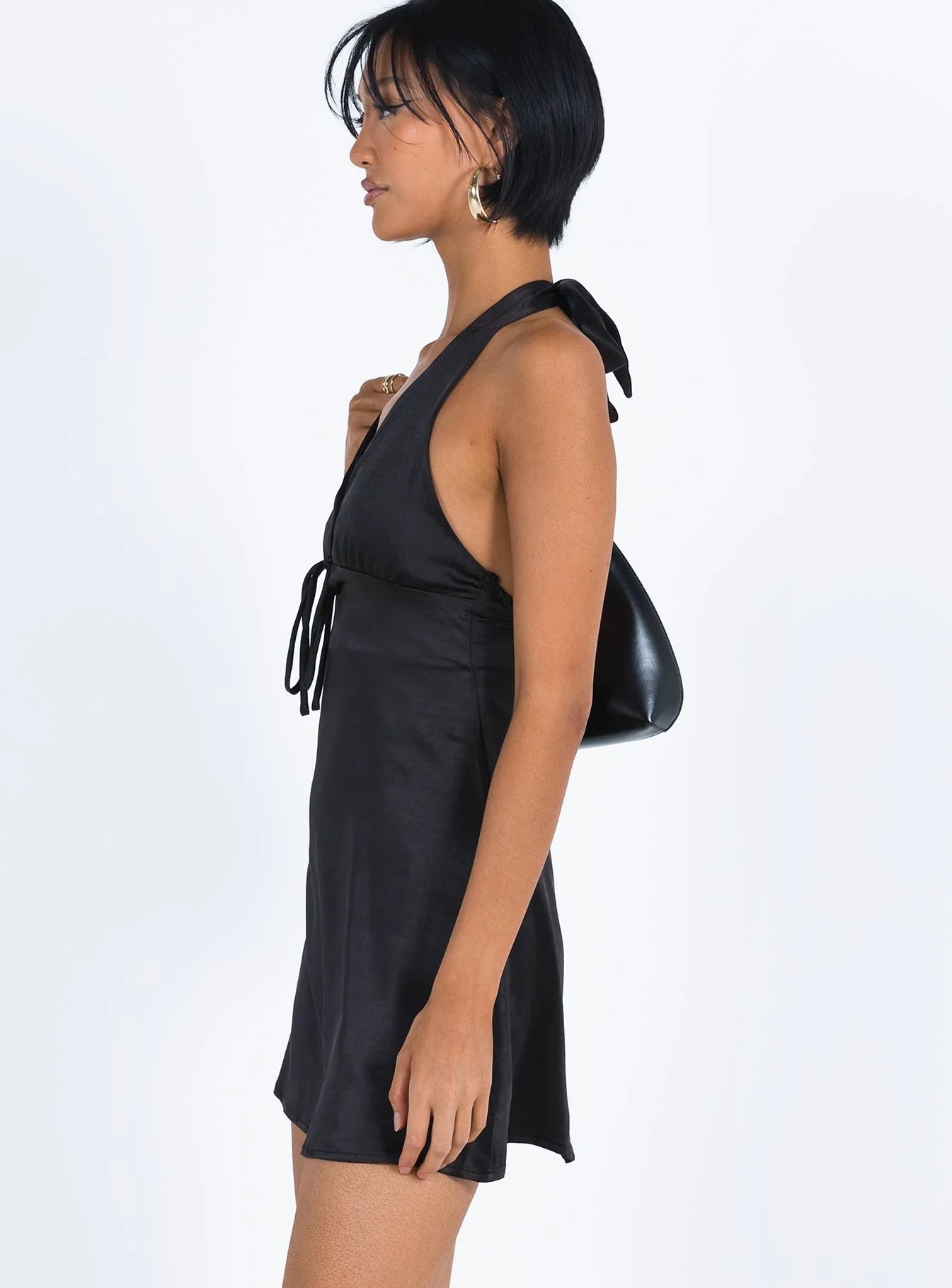 Black Satin Halter Neck Tie Back A-Line Mini Evening Dresses