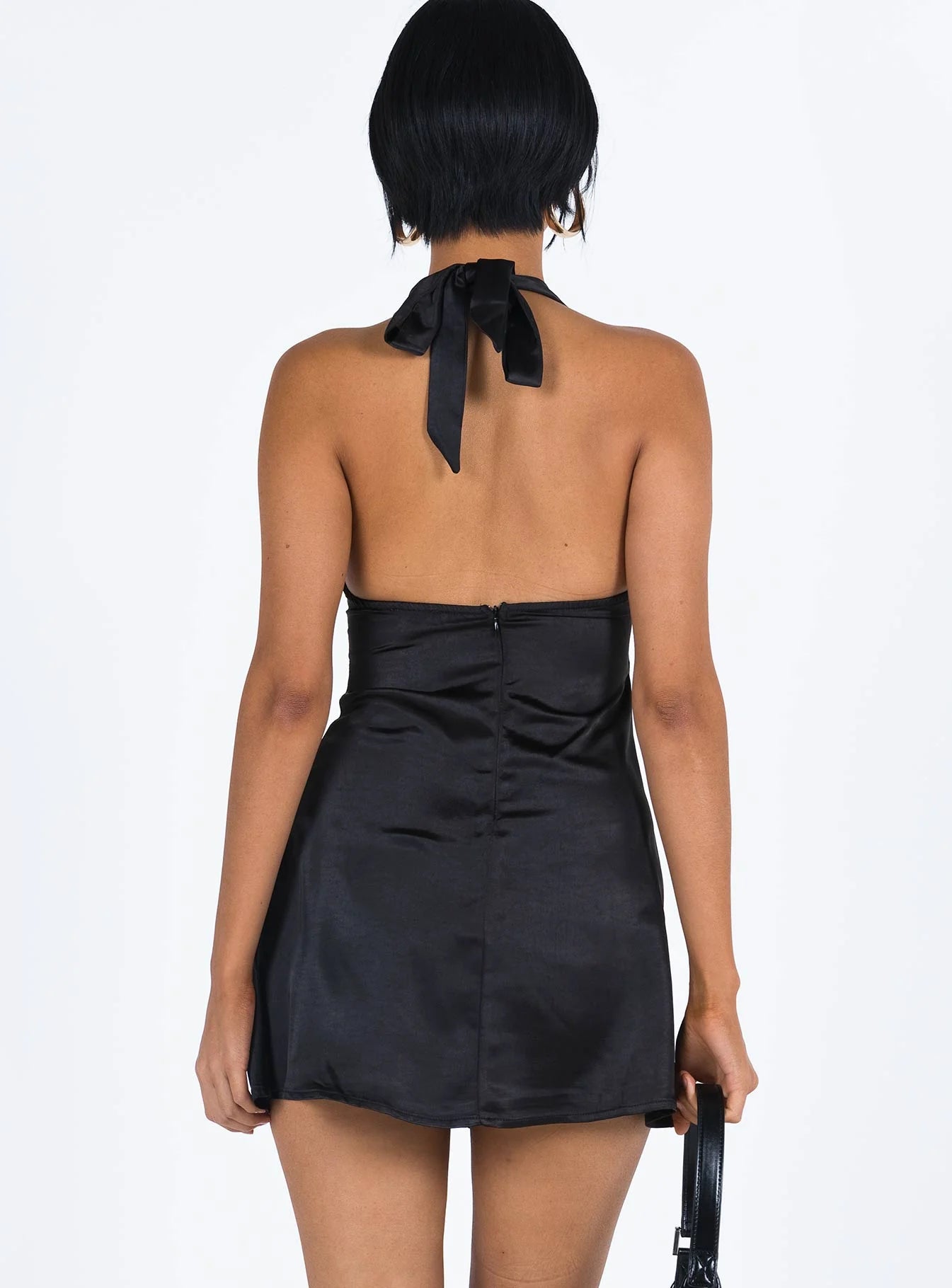 Black Satin Halter Neck Tie Back A-Line Mini Evening Dresses