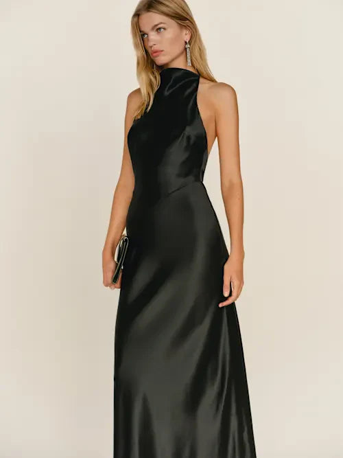 Black Satin High Neck Open Back Tassel Detail Maxi Prom Gown