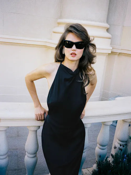 Black Satin High Neck Open Back Tassel Detail Maxi Prom Gown