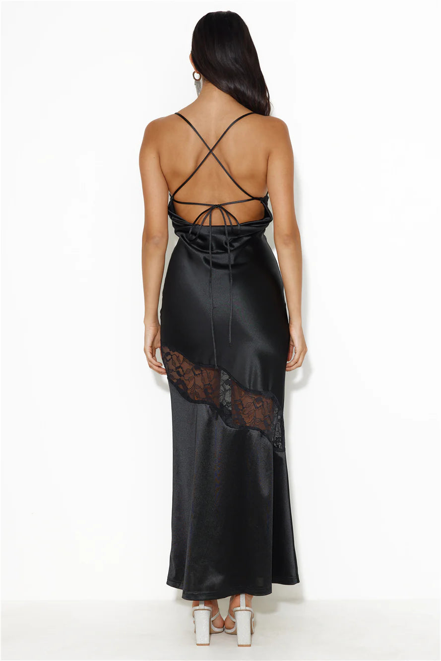 Black Satin Lace Panel Crisscross Back Maxi Dresses