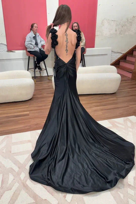 Black Satin Mermaid Maxi Dress with 3D Floral Shoulder Straps & Deep V Back