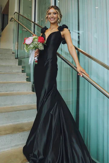 Black Satin Mermaid Maxi Dress with 3D Floral Shoulder Straps & Deep V Back