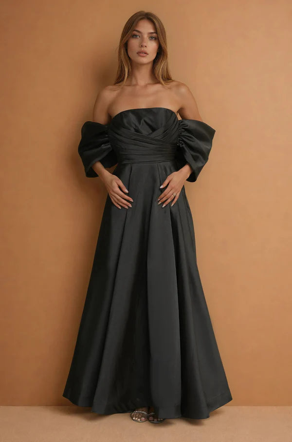 Black Satin Off-Shoulder Puff Sleeve A-Line Train Maxi Evening Dresses