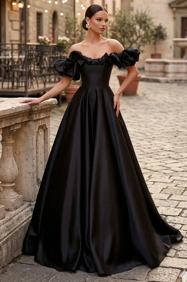 Black Satin Off-Shoulder Ruffle Sleeve Ball Gown Train Maxi Evening Dresses