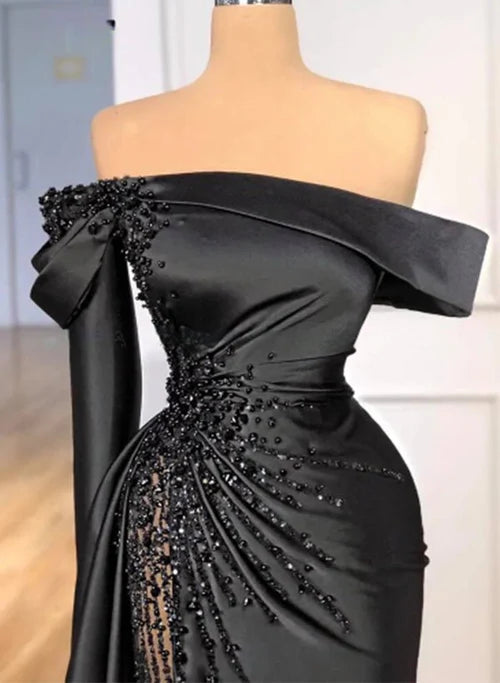 Black Satin One Shoulder Beaded High Slit Train Maxi Evening Dresses