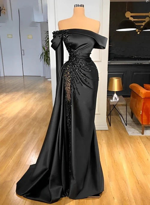 Black Satin One Shoulder Beaded High Slit Train Maxi Evening Dresses
