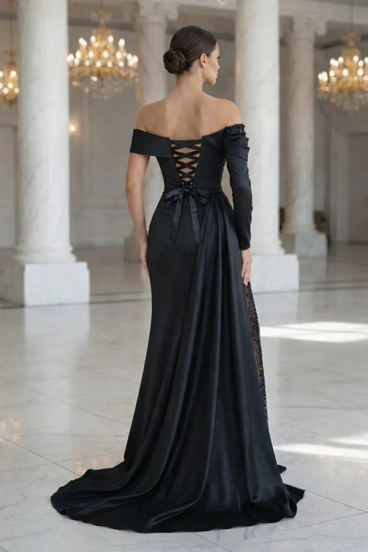 Black Satin One Shoulder Beaded High Slit Train Maxi Evening Dresses