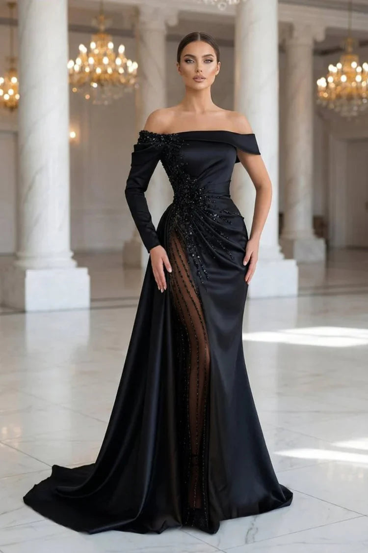Black Satin One Shoulder Beaded High Slit Train Maxi Evening Dresses