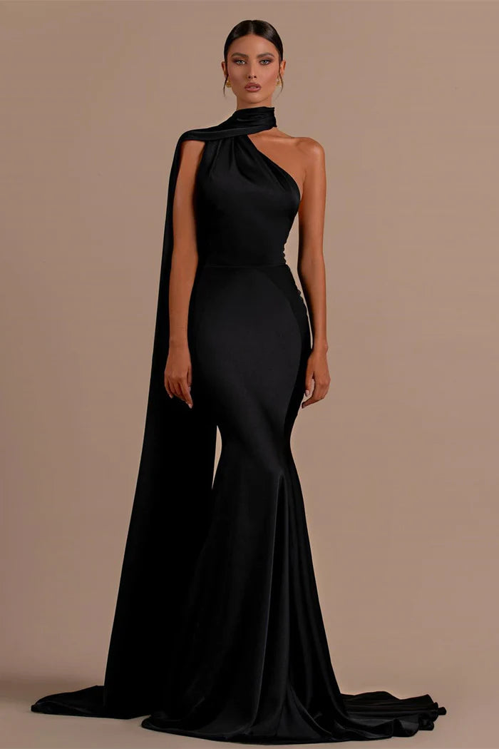 Black Satin One Shoulder Cape Sleeve Mermaid Train Maxi Evening Dresses
