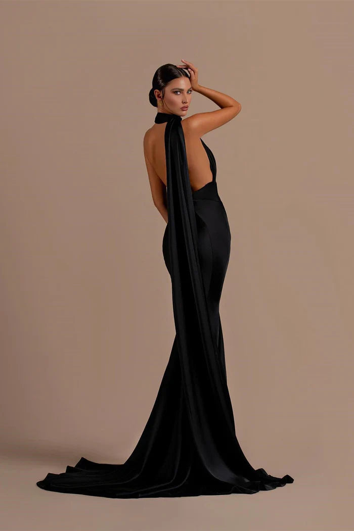 Black Satin One Shoulder Cape Sleeve Mermaid Train Maxi Evening Dresses