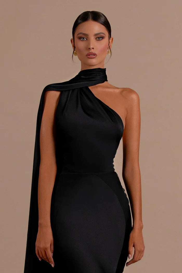 Black Satin One Shoulder Cape Sleeve Mermaid Train Maxi Evening Dresses