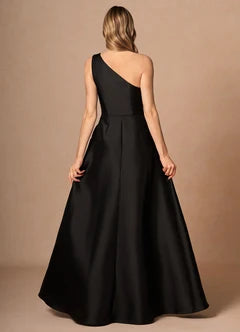 Black Satin One Shoulder Ruffle Detail A-Line Maxi Evening Dresses