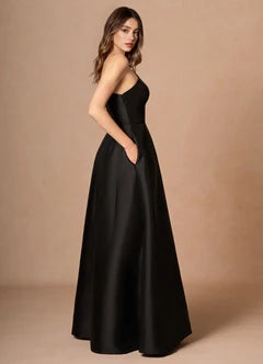 Black Satin One Shoulder Ruffle Detail A-Line Maxi Evening Dresses