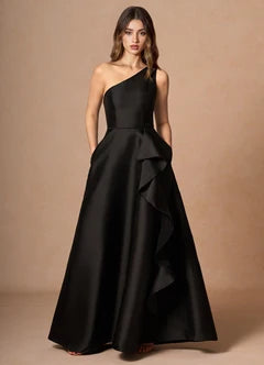 Black Satin One Shoulder Ruffle Detail A-Line Maxi Evening Dresses