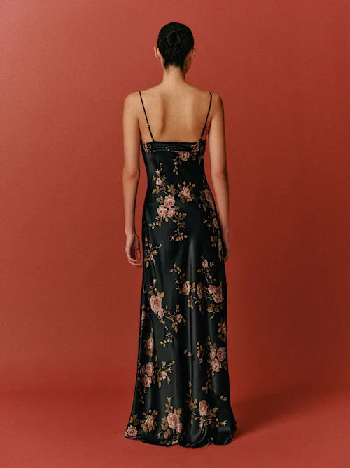 Black Satin Pink Rose Print Cowl Neck Slip Prom Maxi Dress