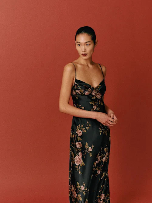 Black Satin Pink Rose Print Cowl Neck Slip Prom Maxi Dress