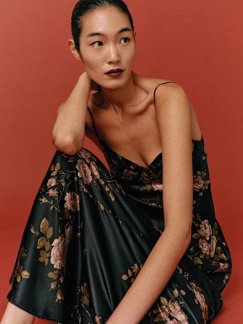 Black Satin Pink Rose Print Cowl Neck Slip Prom Maxi Dress