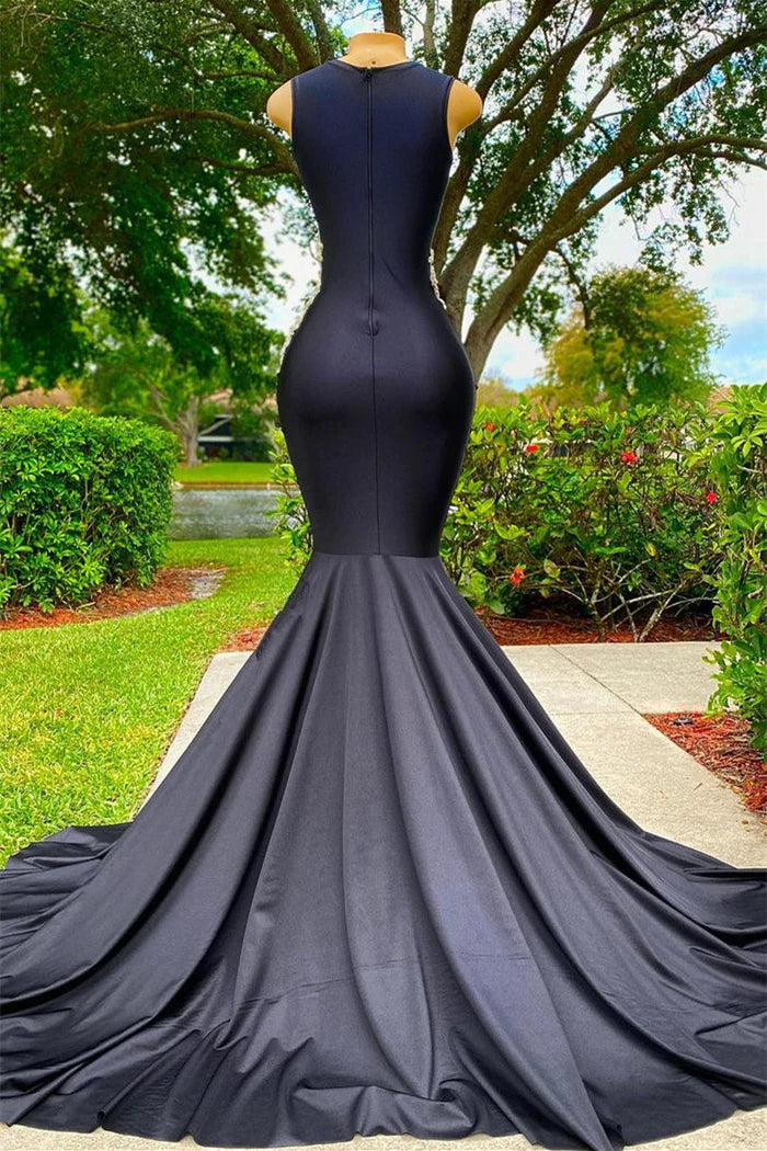 Black Satin Sheer Beaded Mermaid Train Maxi Evening Dresses