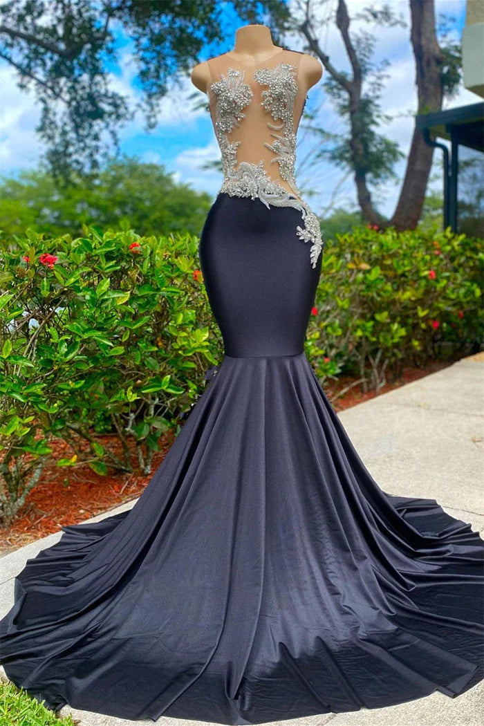 Black Satin Sheer Beaded Mermaid Train Maxi Evening Dresses