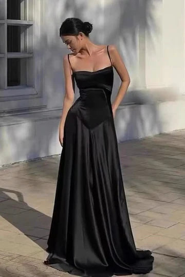 Black Satin Spaghetti Strap Lace Up Back Prom Dress with Train