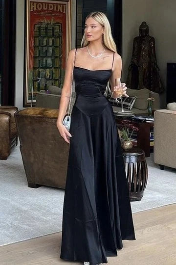 Black Satin Spaghetti Strap Lace Up Back Prom Dress with Train