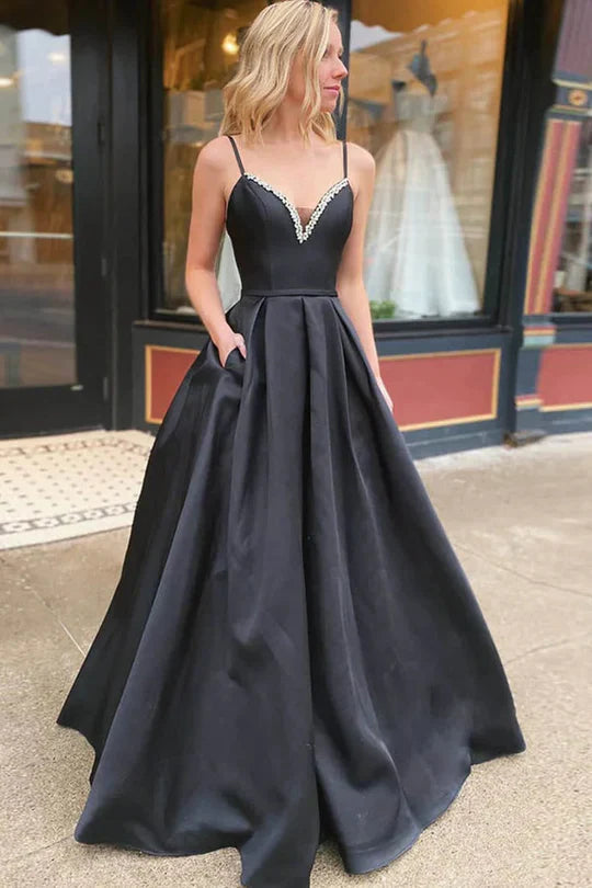 Black Satin Spaghetti Strap Prom Dress with Beaded V-Neck and Lace-Up Back