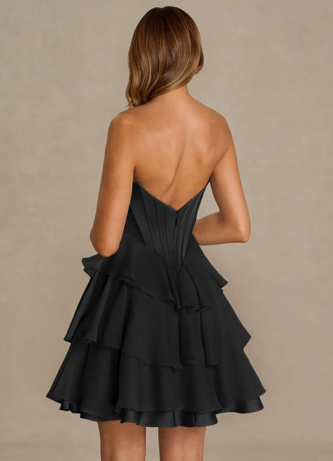 Black Satin Strapless Corset Ruffle Tiered A-Line Mini Evening Dresses