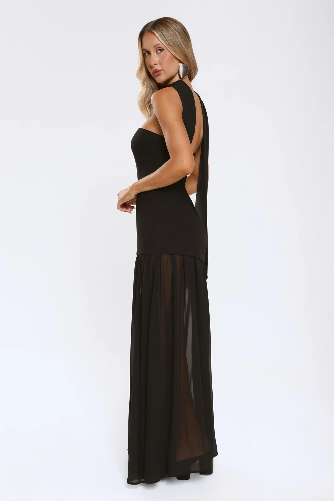 Black Scarf Detail Cutout Chiffon High Slit Maxi Evening Dresses