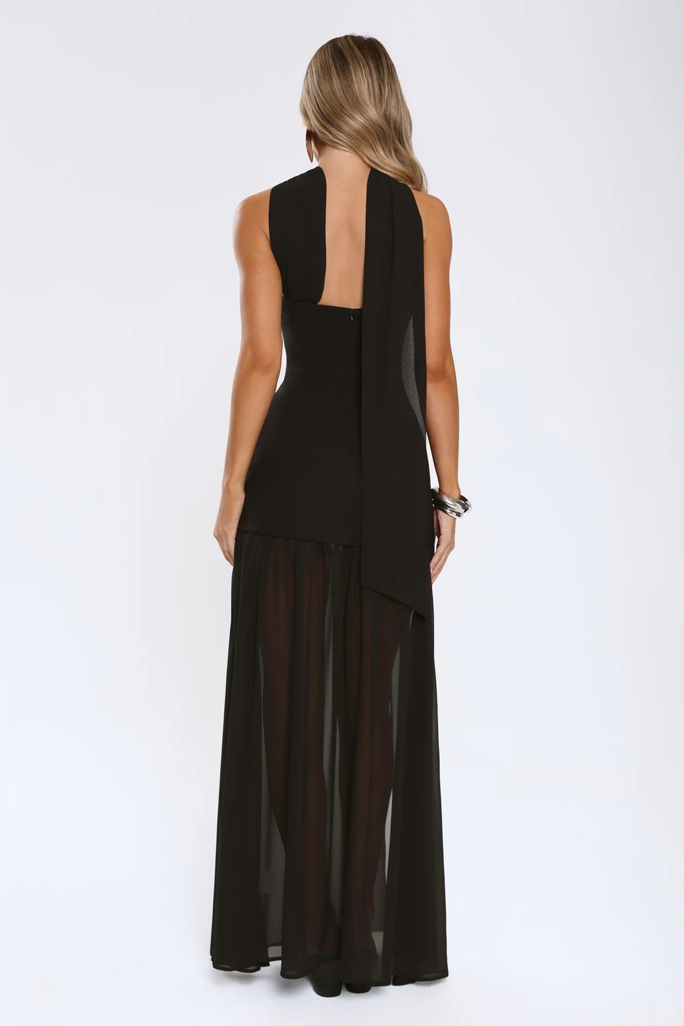 Black Scarf Detail Cutout Chiffon High Slit Maxi Evening Dresses