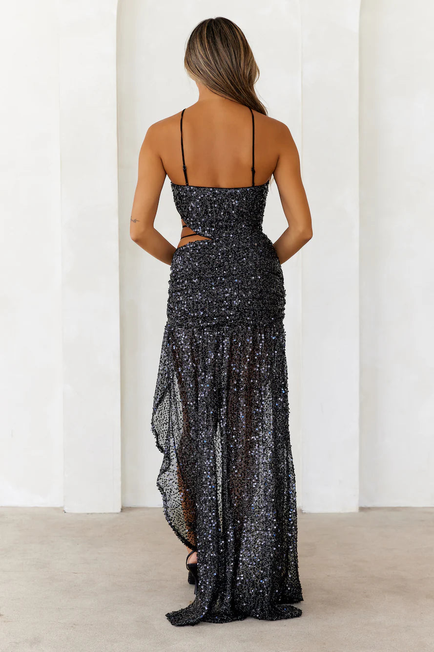 Black Sequin Halter Cutout High Slit Maxi Evening Dresses