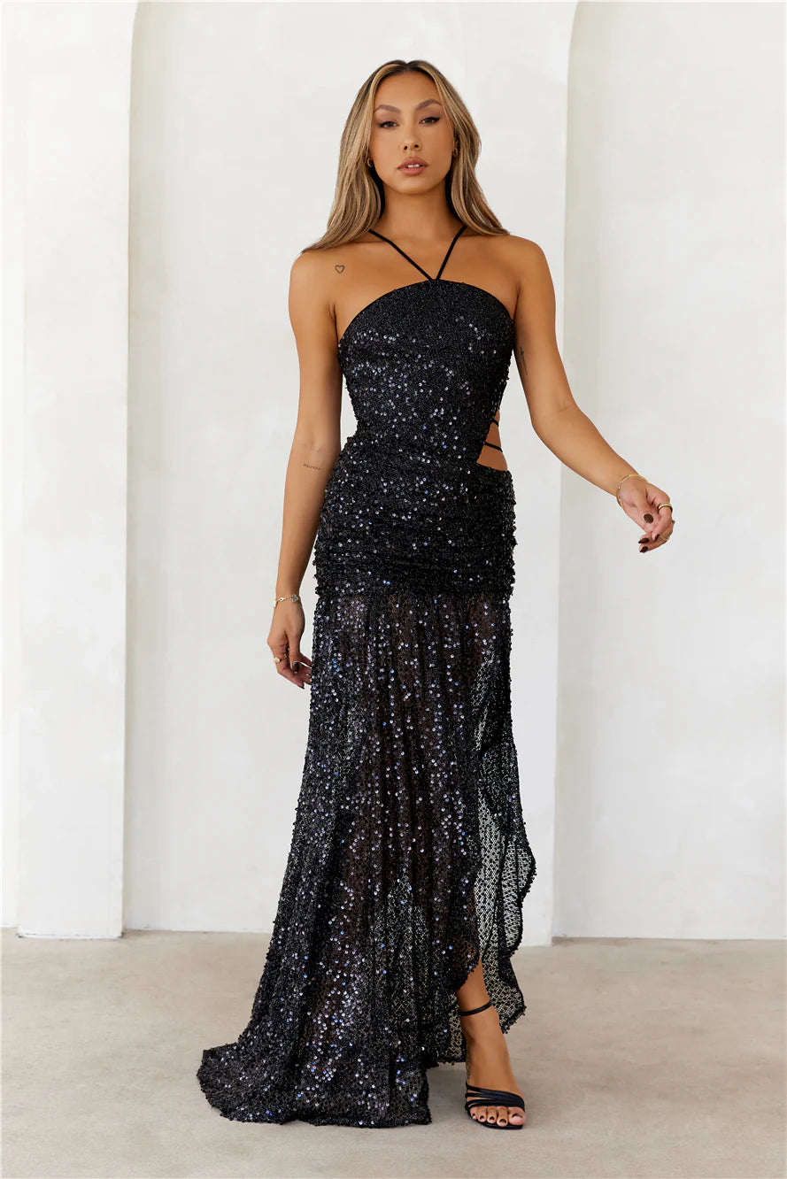 Black Sequin Halter Cutout High Slit Maxi Evening Dresses