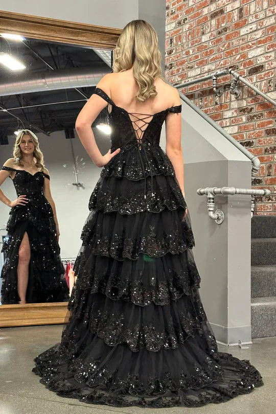 Black Sequin Off-Shoulder Tiered Ruffle Prom Dress with Lace-Up Back