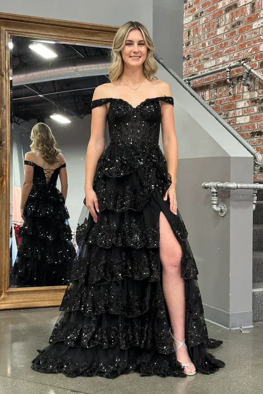 Black Sequin Off-Shoulder Tiered Ruffle Prom Dress with Lace-Up Back