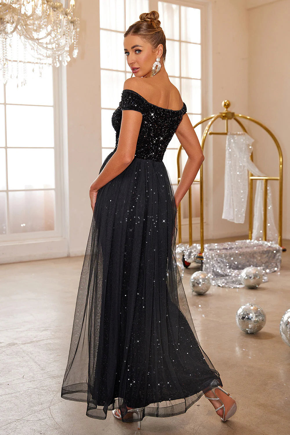 Black Sequin Off-The-Shoulder Tulle Overlay Maxi Evening Dresses